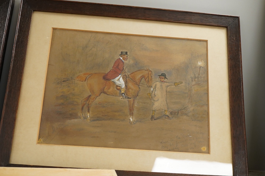 George Finch Mason (1850-1915), Hunting interest, to include 'Cut along old girl', pair of watercolours heightened with white, together with a set of three similar ink and watercolours, framed as one, each signed, larges